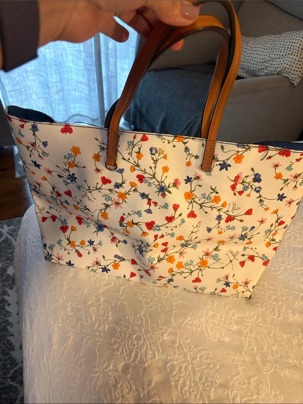 Tory Burch Floral Print Cream Women’s tote with Brown Trim